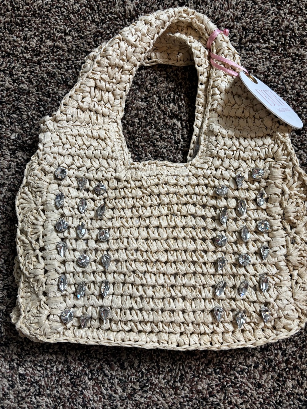 Crystal-Embellished Straw Tote in Natural